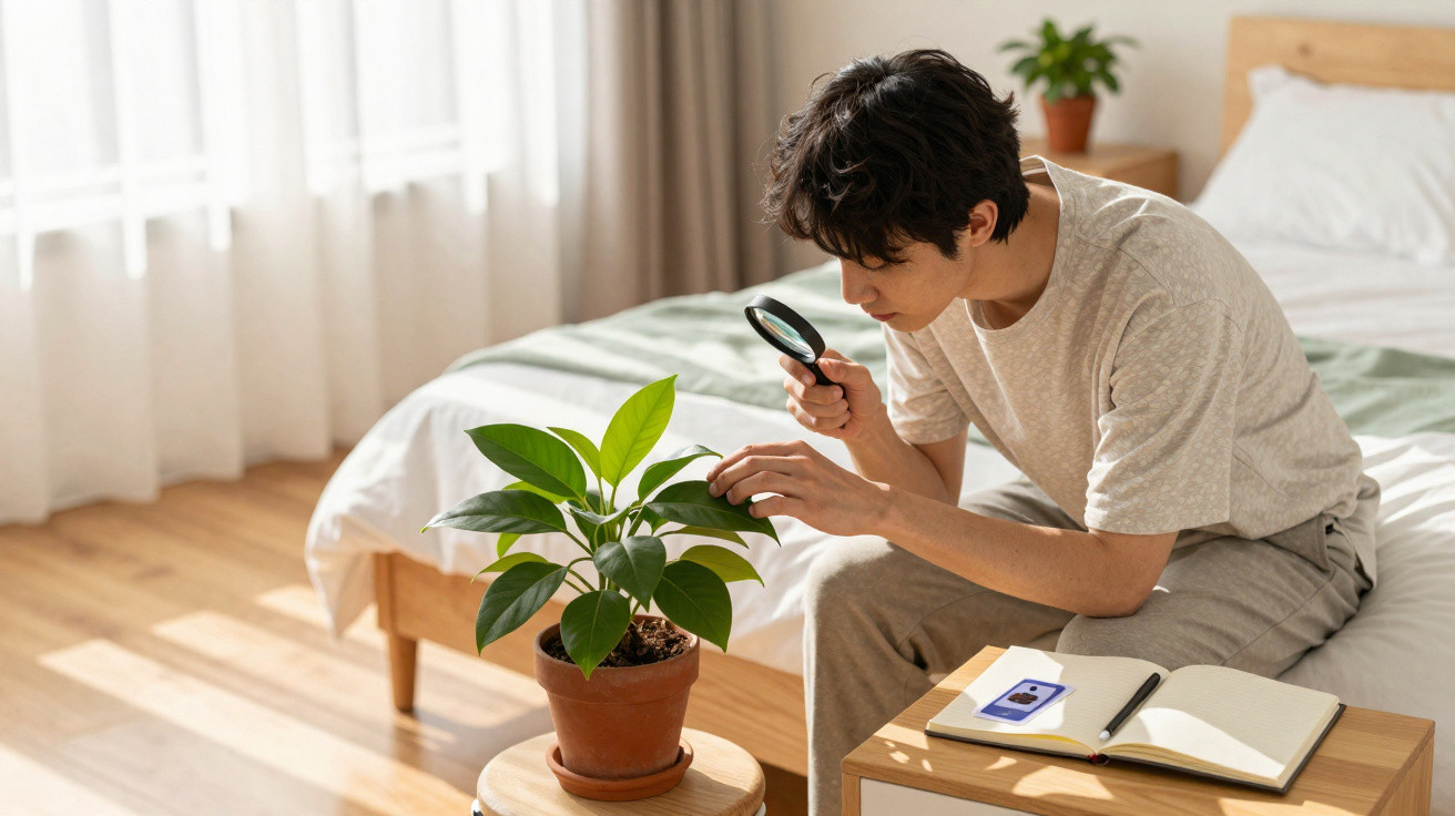 Jovem sentado na cama observando planta com lupa num quarto iluminado e arrumado.