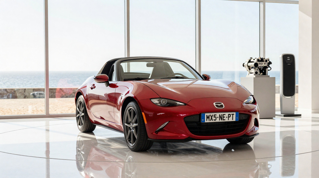 Carro desportivo descapotável vermelho Mazda MX-5 em sala com janela grande e vista para o mar.