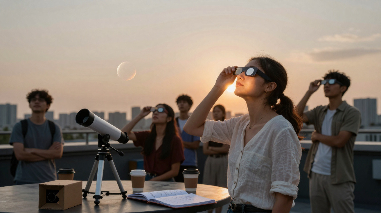 Grupo de jovens observa eclipses solares com óculos especiais e telescópio numa varanda ao pôr do sol.