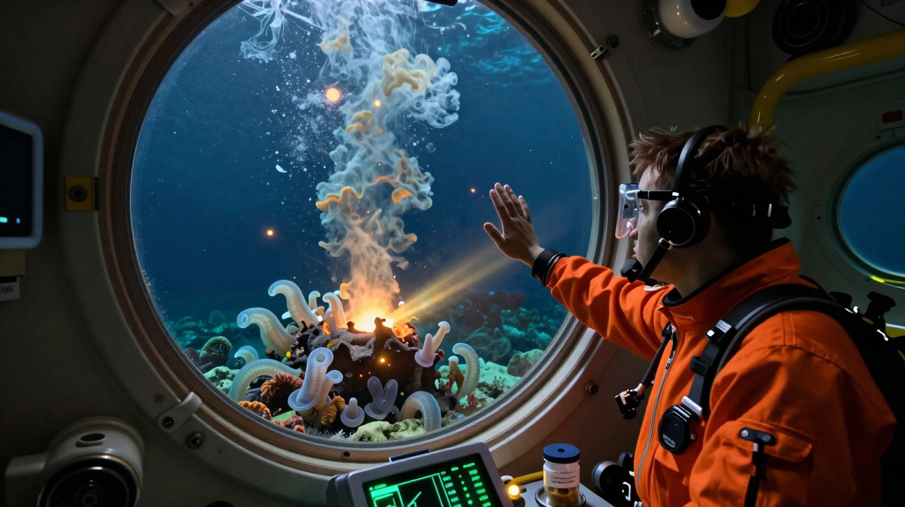 Pessoa em fato laranja observa criatura marinha luminosa através da janela de um submarino.