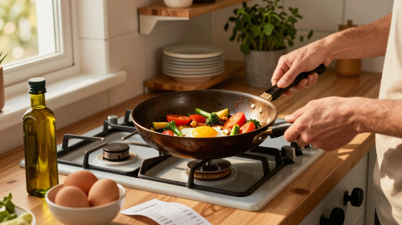 Pessoa a cozinhar ovos e legumes numa frigideira num fogão na cozinha iluminada por luz natural.