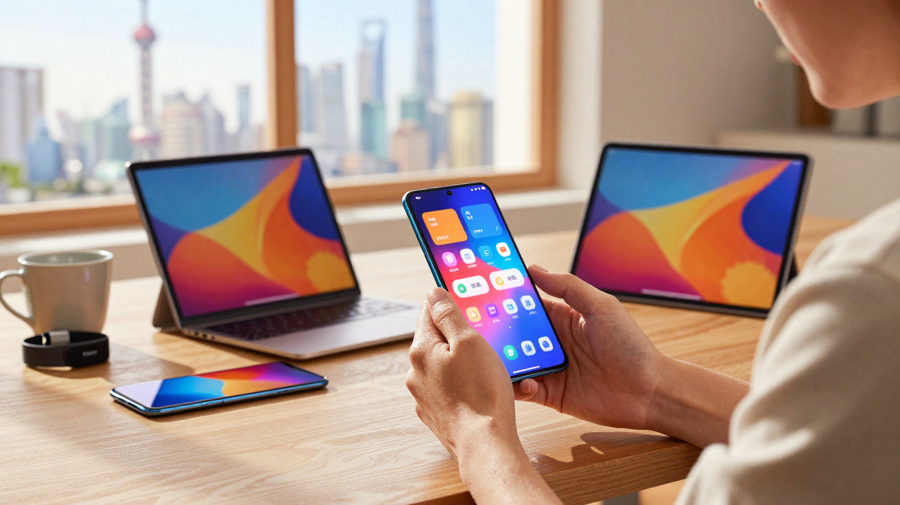 Pessoa a usar smartphone com gráfico na aplicação, rodeada por portátil, tablet, e telemóvel numa mesa de madeira.