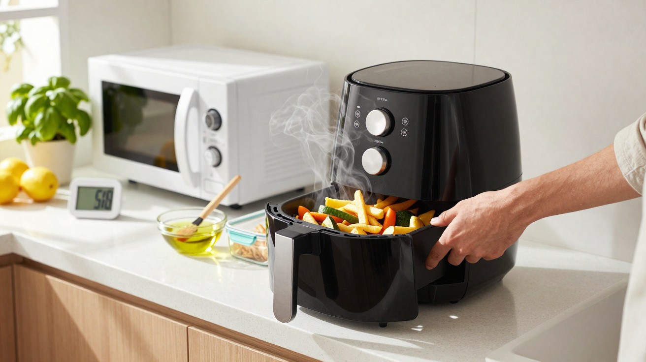 Mão retirando cesto com batatas fritas e legumes de fritadeira sem óleo preta numa cozinha moderna.