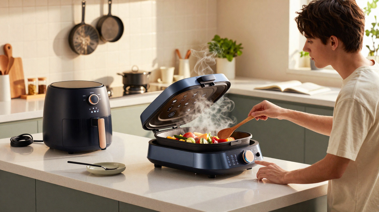 Pessoa a cozinhar legumes numa chapa elétrica com vapor, ao lado de uma fritadeira sem óleo preta numa cozinha moderna.
