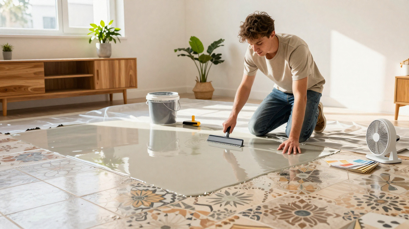 Jovem aplica resina epóxi com rodo num chão de azulejos decorativos numa sala iluminada.