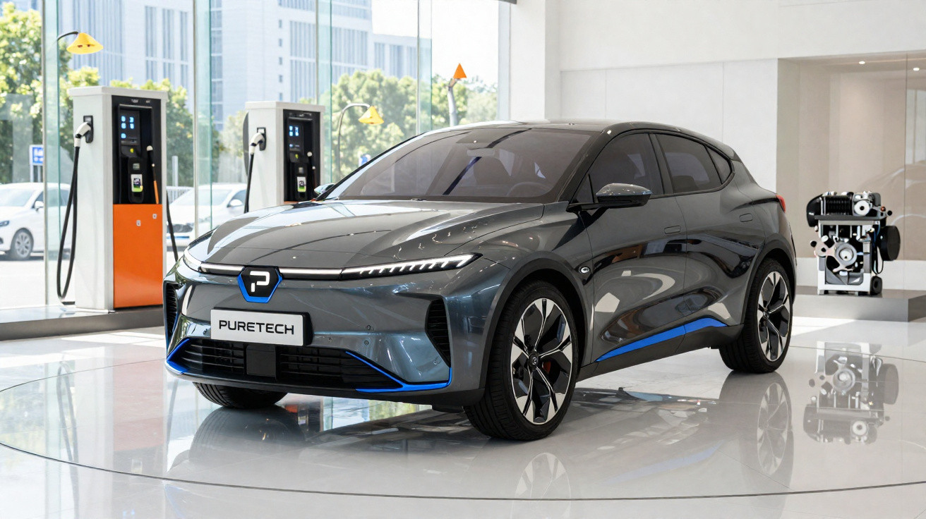 Carro elétrico cinza escuro estacionado em showroom moderno com estações de carregamento ao fundo.