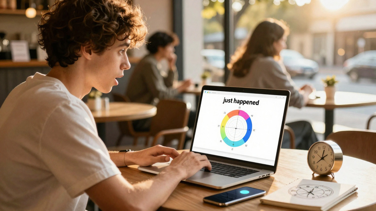 Jovem sentado num café a usar computador portátil com gráfico colorido e smartphone à sua frente.
