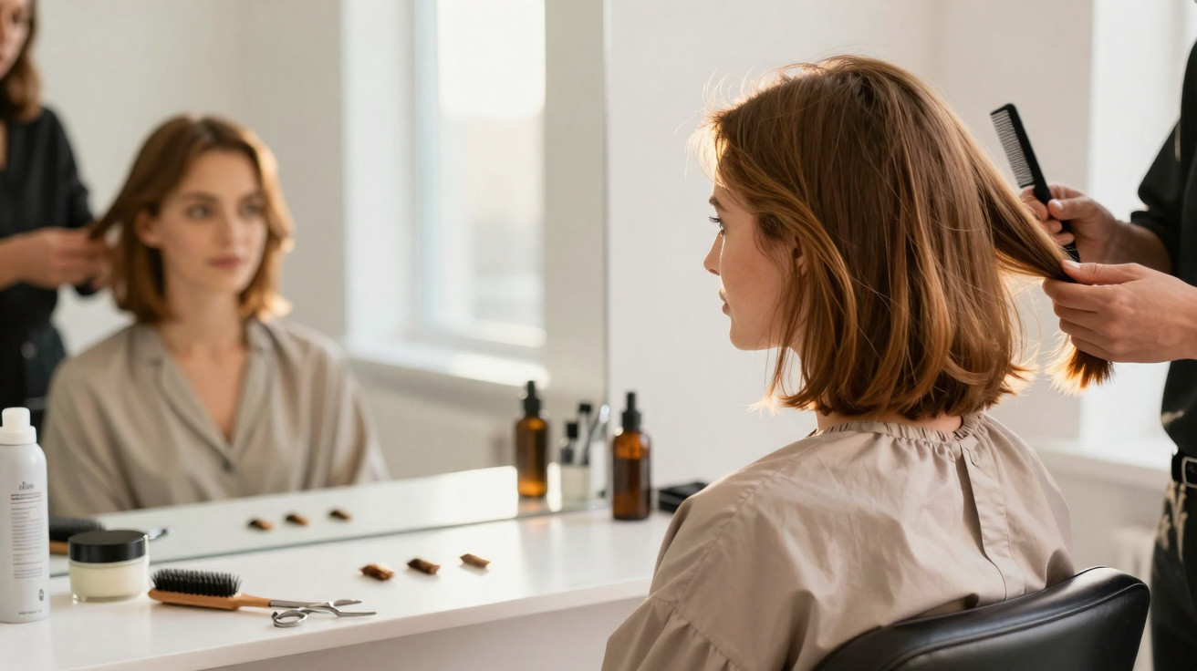 Mulher com cabelo médio castanho claro sentada num salão de cabeleireiro a ser penteada.