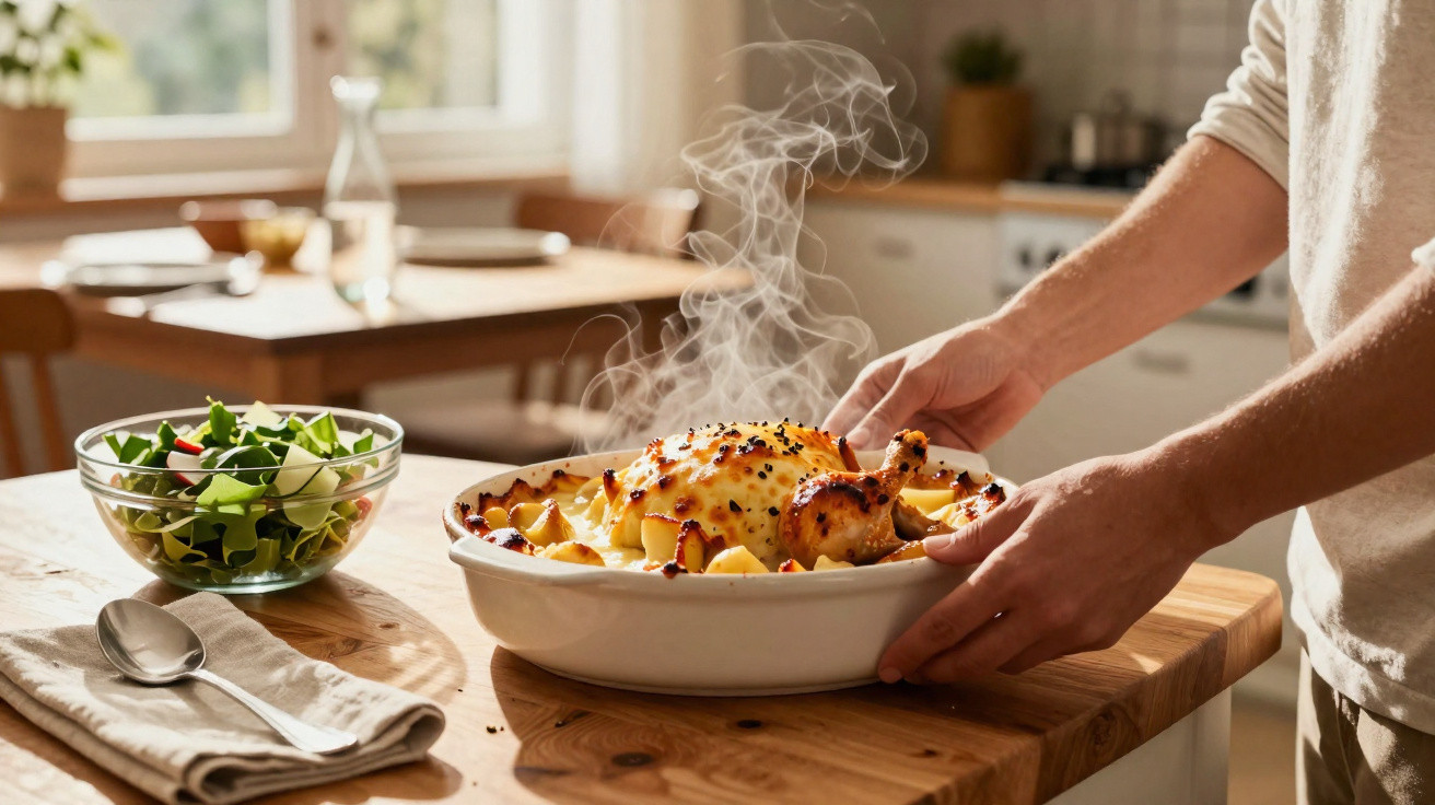Pessoa a retirar uma travessa com frango assado fumegante, acompanhado de batatas, numa cozinha luminosa.