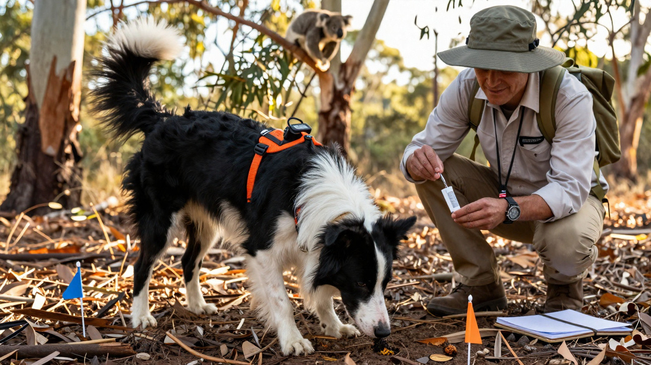 Cão com colete a farejar solo enquanto investigador regista dados em floresta seca com árvore e coala ao fundo.