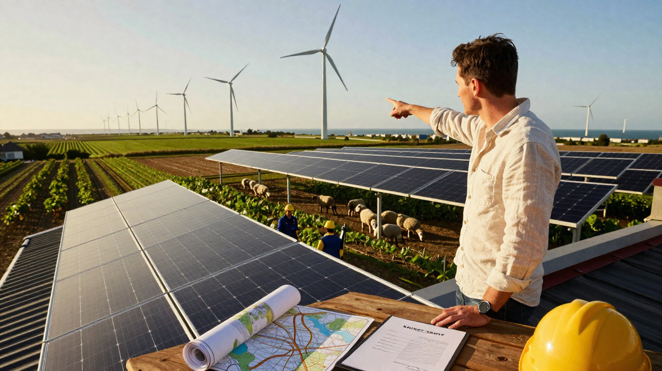 Homem aponta para turbinas eólicas numa paisagem agrícola com painéis solares e trabalhadores no campo.