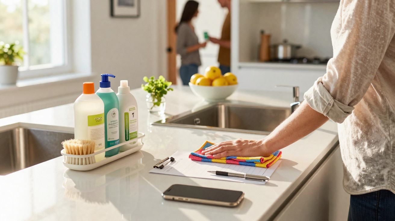 Pessoa a limpar uma bancada branca de cozinha com pano colorido e produtos de limpeza ao lado.