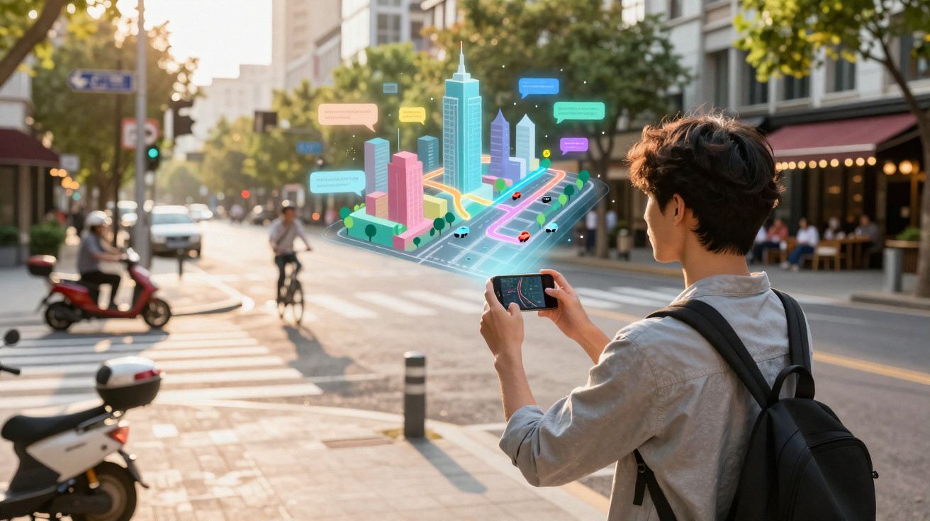 Jovem consulta mapa virtual interativo num smartphone numa rua movimentada da cidade ao entardecer.