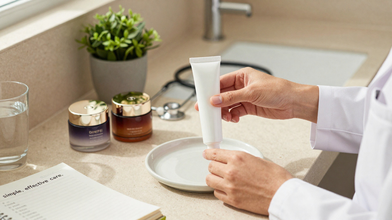 Pessoa a abrir um tubo branco de creme numa bancada com produtos de cuidados de pele e estetoscópio.