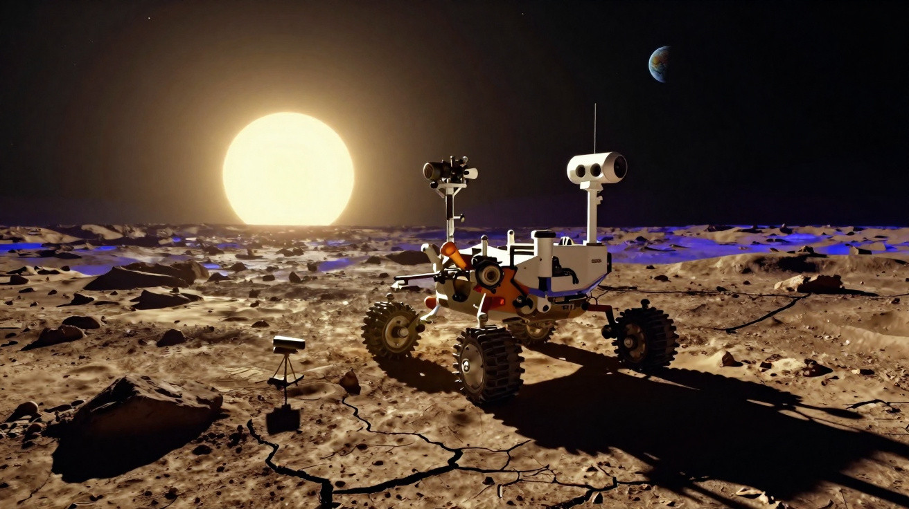 Rover espacial numa superfície lunar rochosa com o Sol e a Terra ao fundo no céu escuro.