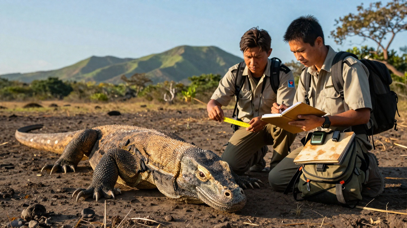 Dois biólogos medem e registam dados de um dragão-de-komodo numa paisagem árida com montanhas ao fundo.
