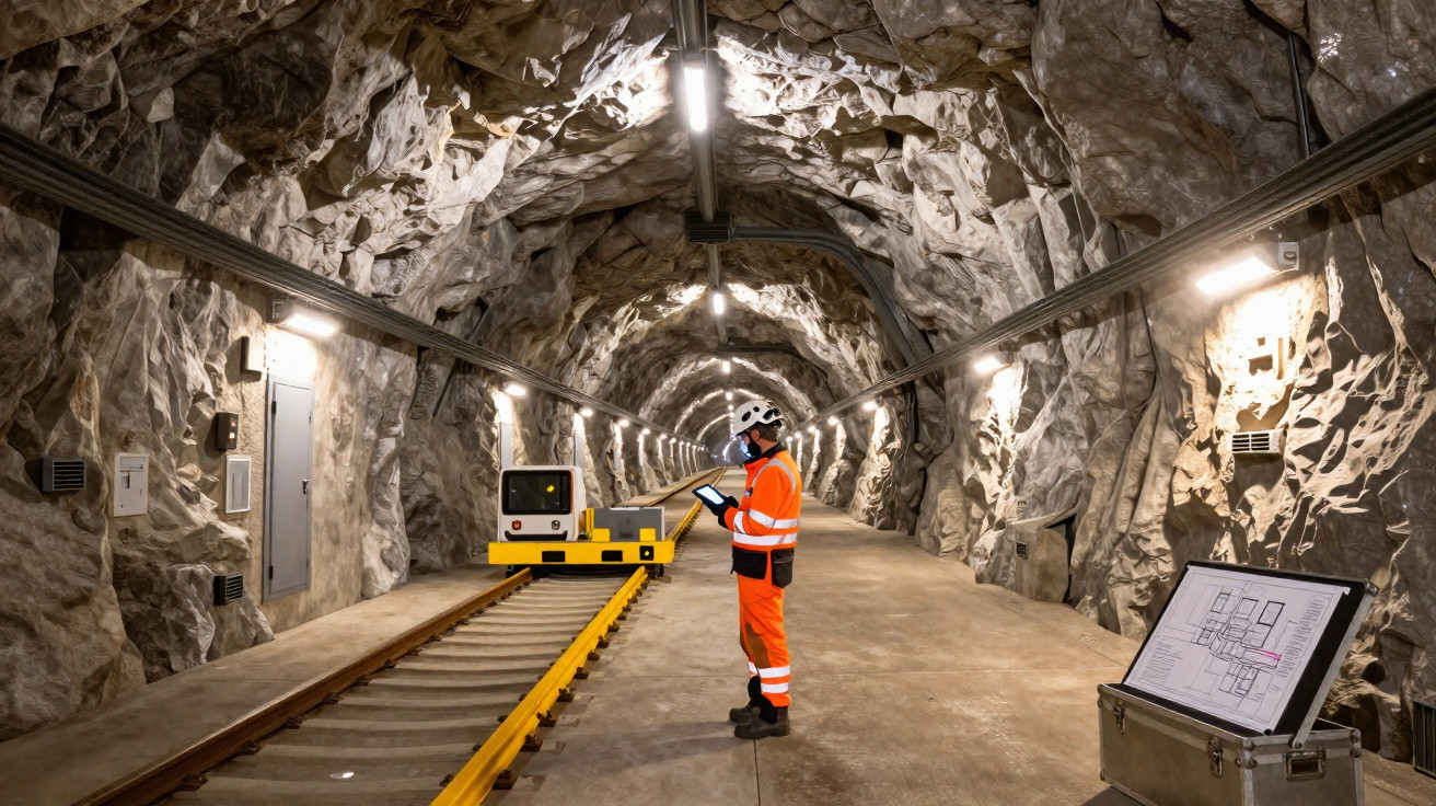 Trabalhador em equipamento de segurança dentro de túnel rochoso com carril de metro e mapas técnicos.