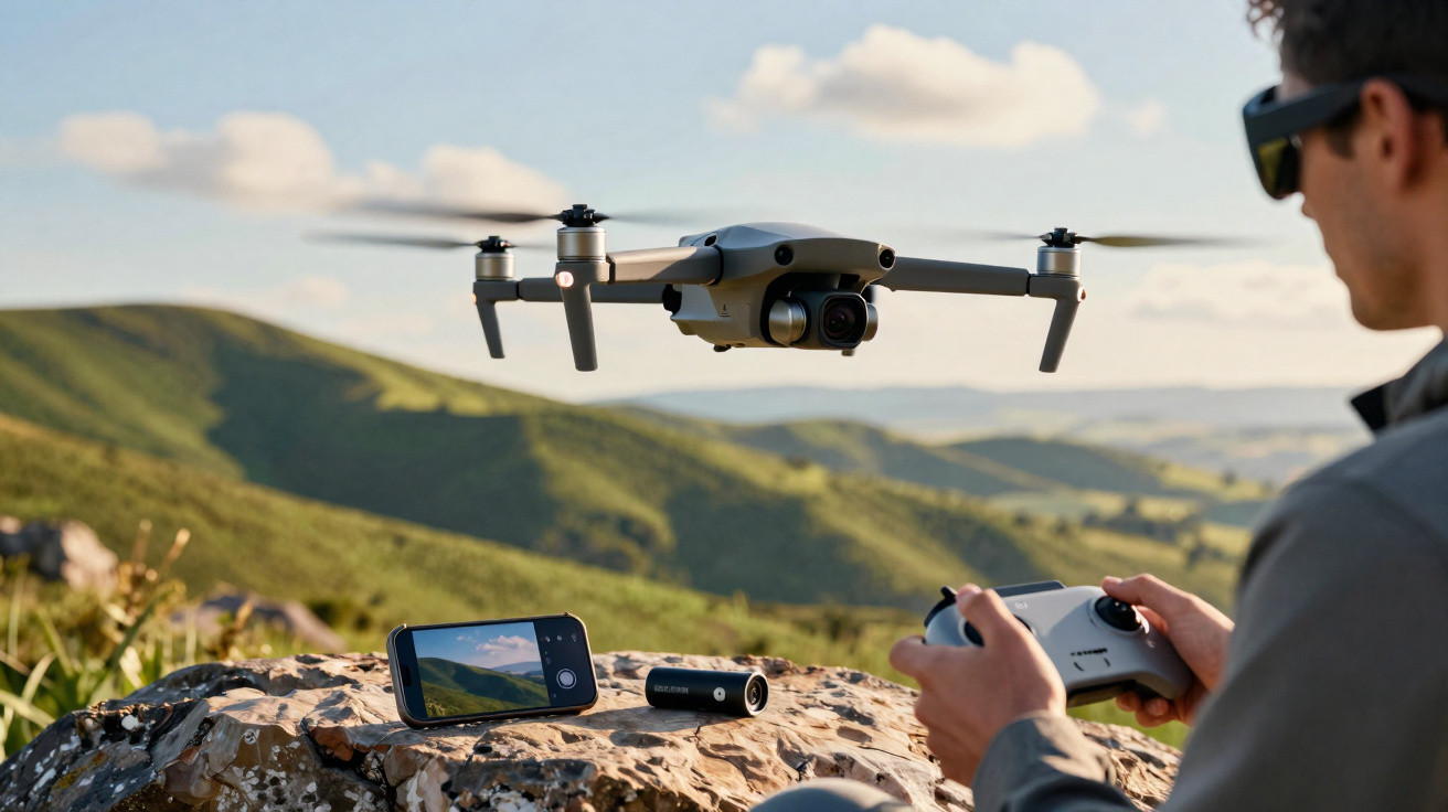 Homem com comando controla drone a voar sobre paisagem montanhosa verde em dia soalheiro.