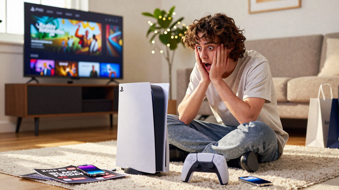 Jovem sentado no chão surpreso, rodeado por consola PlayStation 5, comando e televisão ligada na sala.