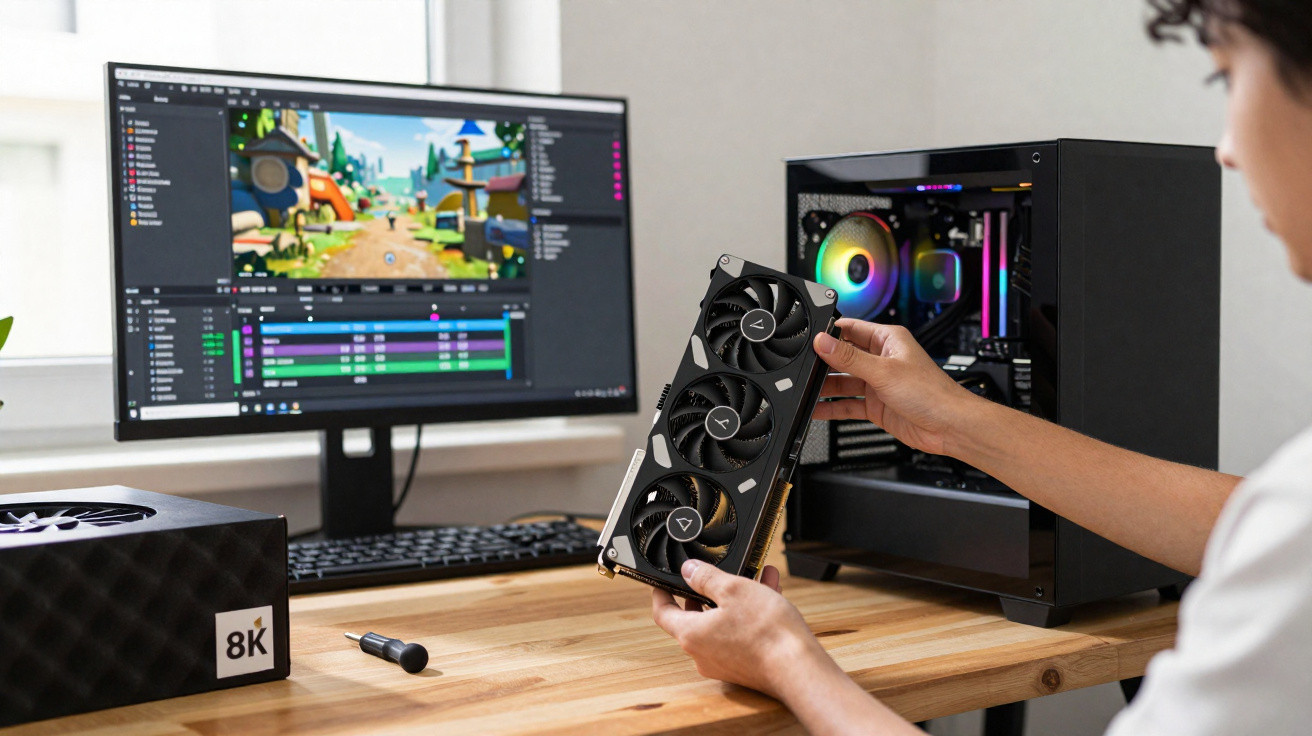 Pessoa instala uma placa gráfica num computador desktop com ecrã a mostrar software de edição digital.