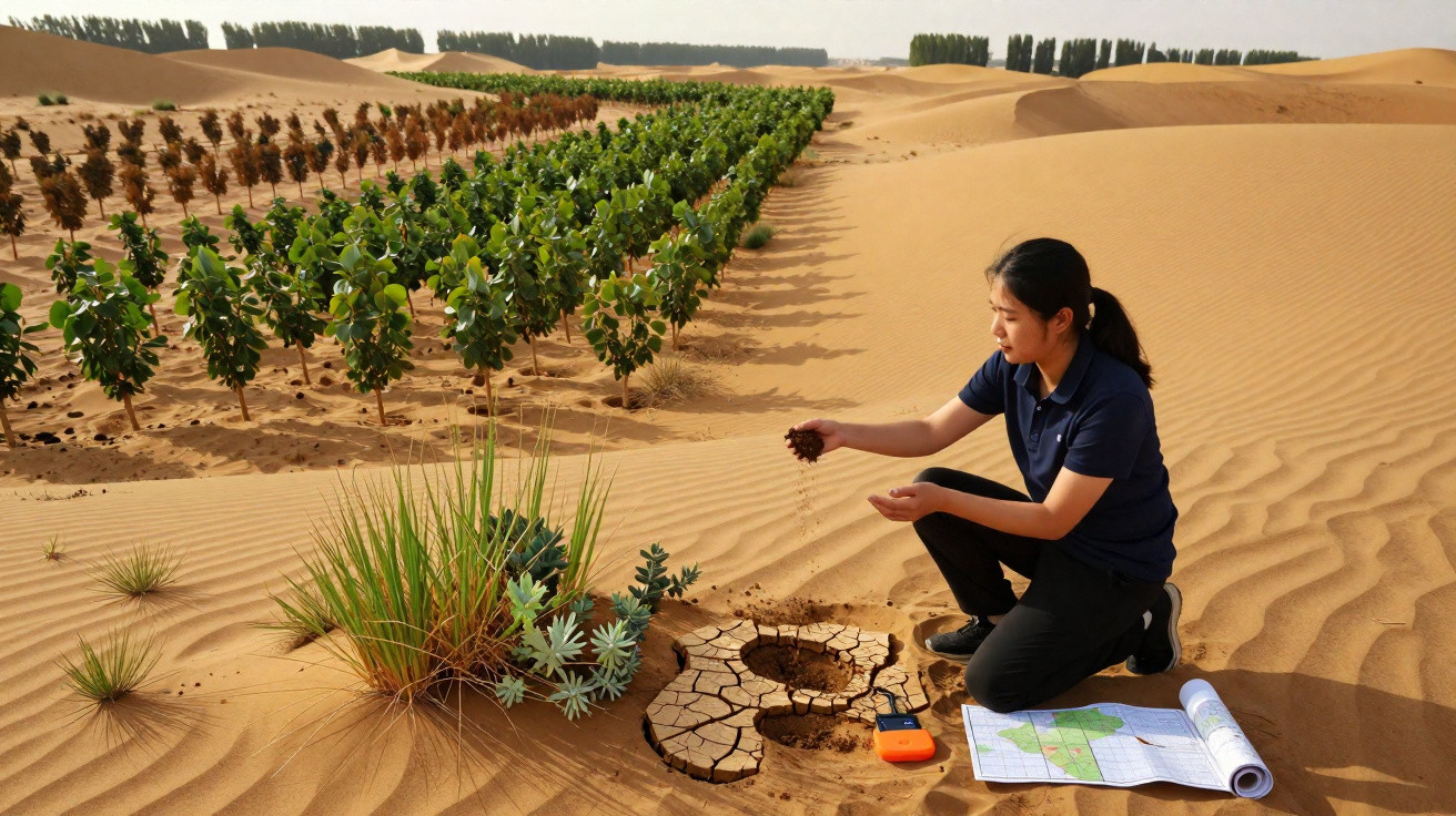 Mulher analisa solo seco no deserto perto de árvores plantadas e mapas no chão durante estudo ambiental.