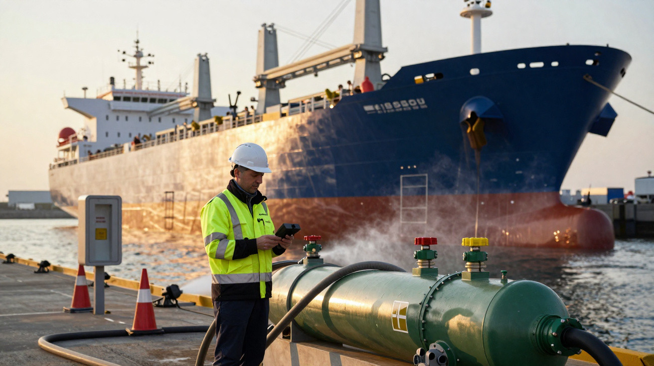 Trabalhador com capacete e colete refletor junto a tubos industriais numa doca, com navio de carga ao fundo.