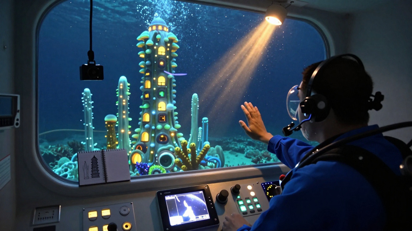 Homem num submersível observa e ilumina uma cidade submarina colorida através da janela.