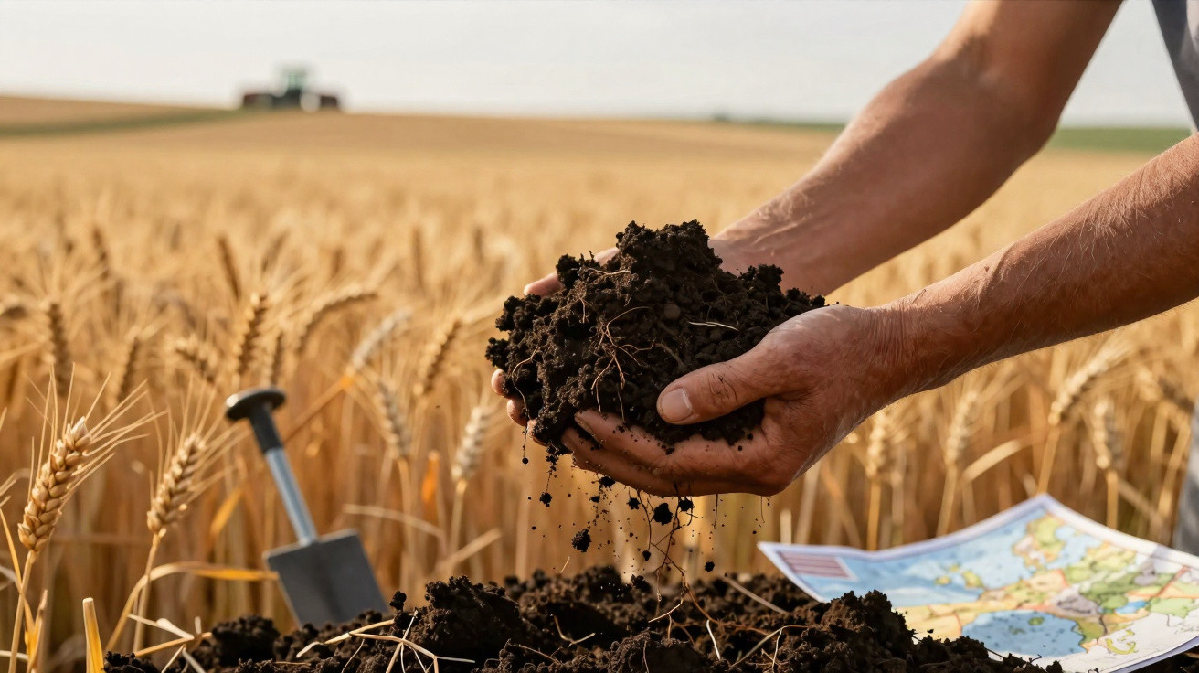 Mãos seguram terra preta numa plantação de cereais maduros, com pá e mapa no fundo desfocado.