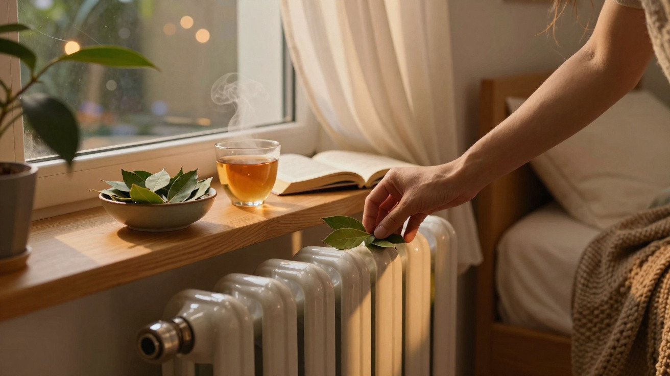 Mão a pousar folhas num radiador com chá quente, livro aberto e plantas numa janela iluminada pela luz natural.