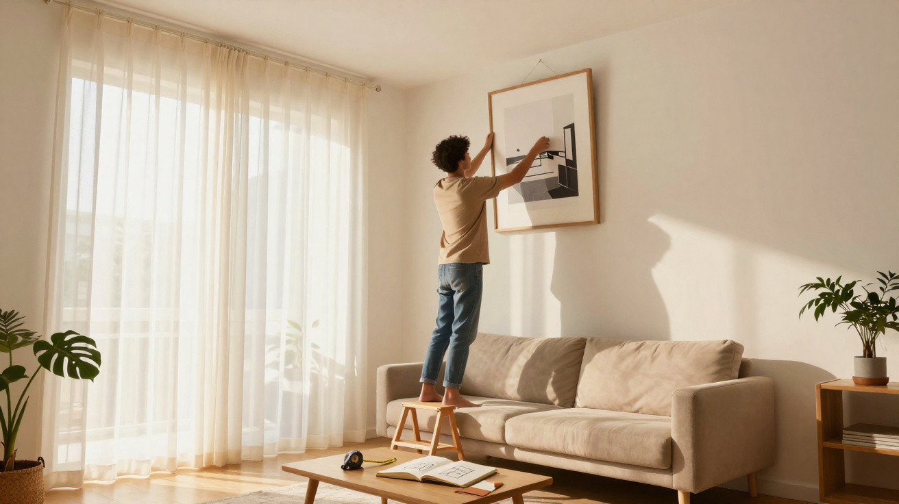 Pessoa a pendurar quadro na parede acima do sofá numa sala iluminada por luz natural.