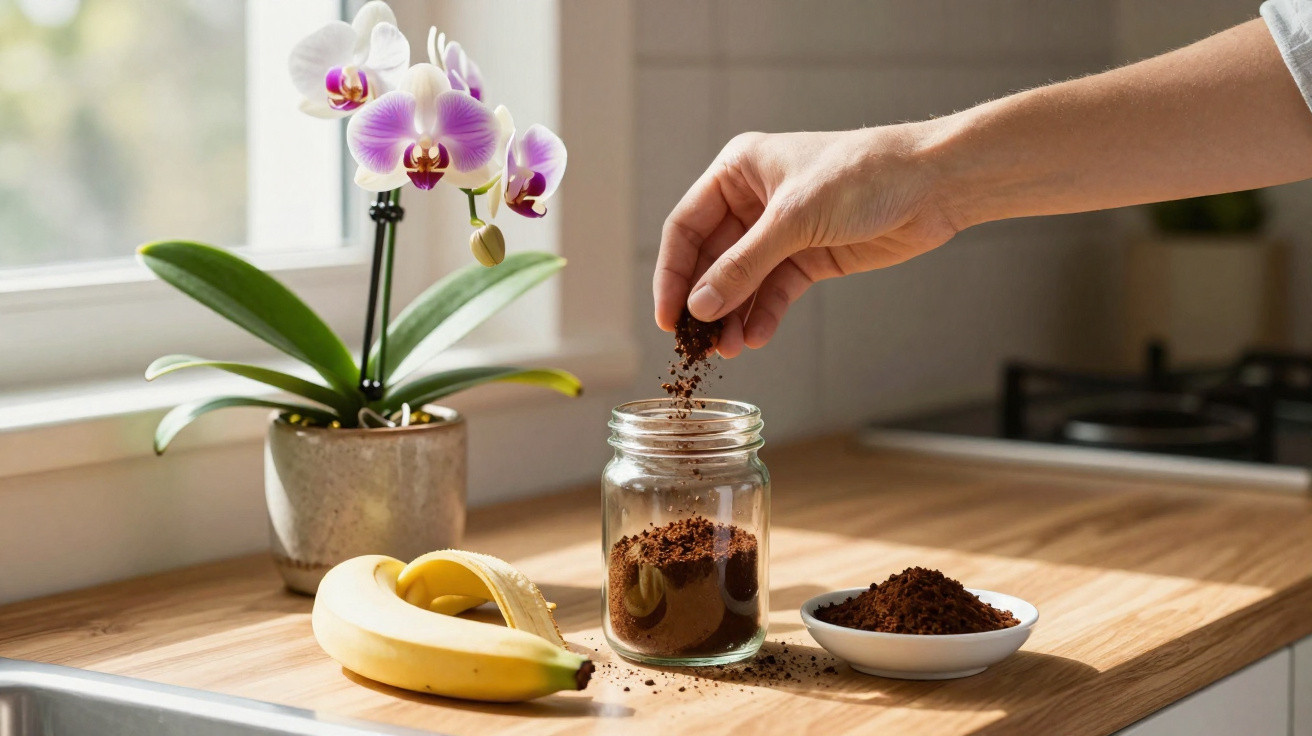 Mão a colocar café moído num frasco numa cozinha com orquídea e banana sobre a bancada de madeira.