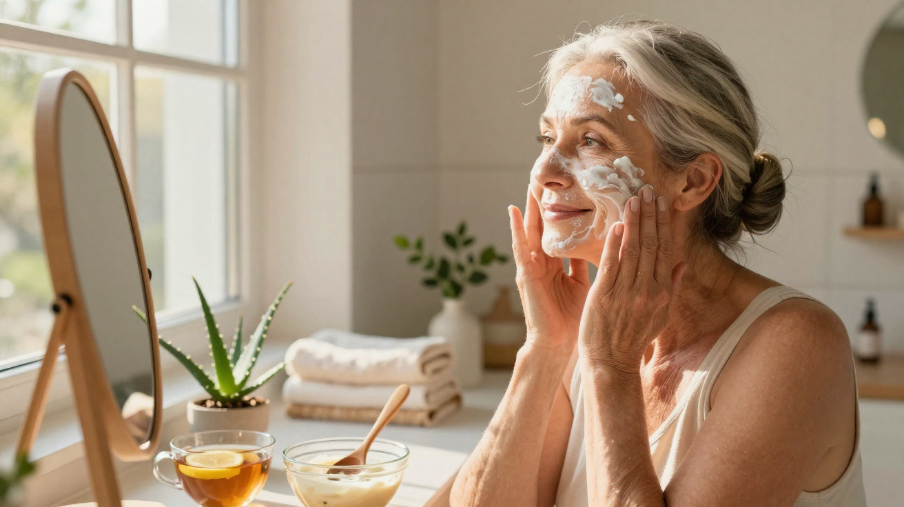 Mulher sénior a aplicar creme facial em frente ao espelho num ambiente luminoso e acolhedor.