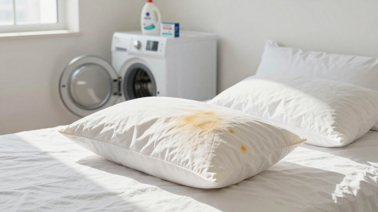 Travesseiro branco com manchas amarelas sobre cama branca, máquina de lavar ao fundo com detergente.