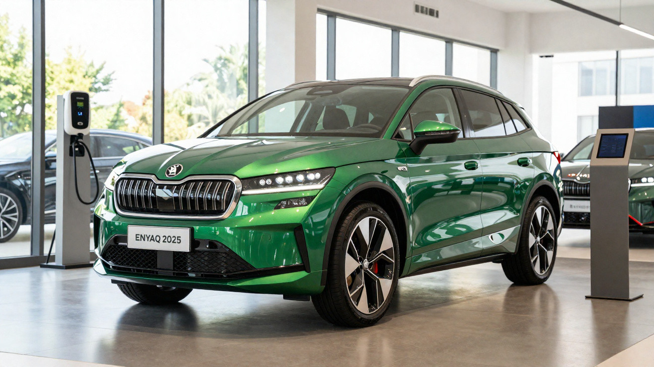 Carro elétrico verde Škoda Enyaq 2025 em exposição moderna com carregador ao lado numa sala iluminada.