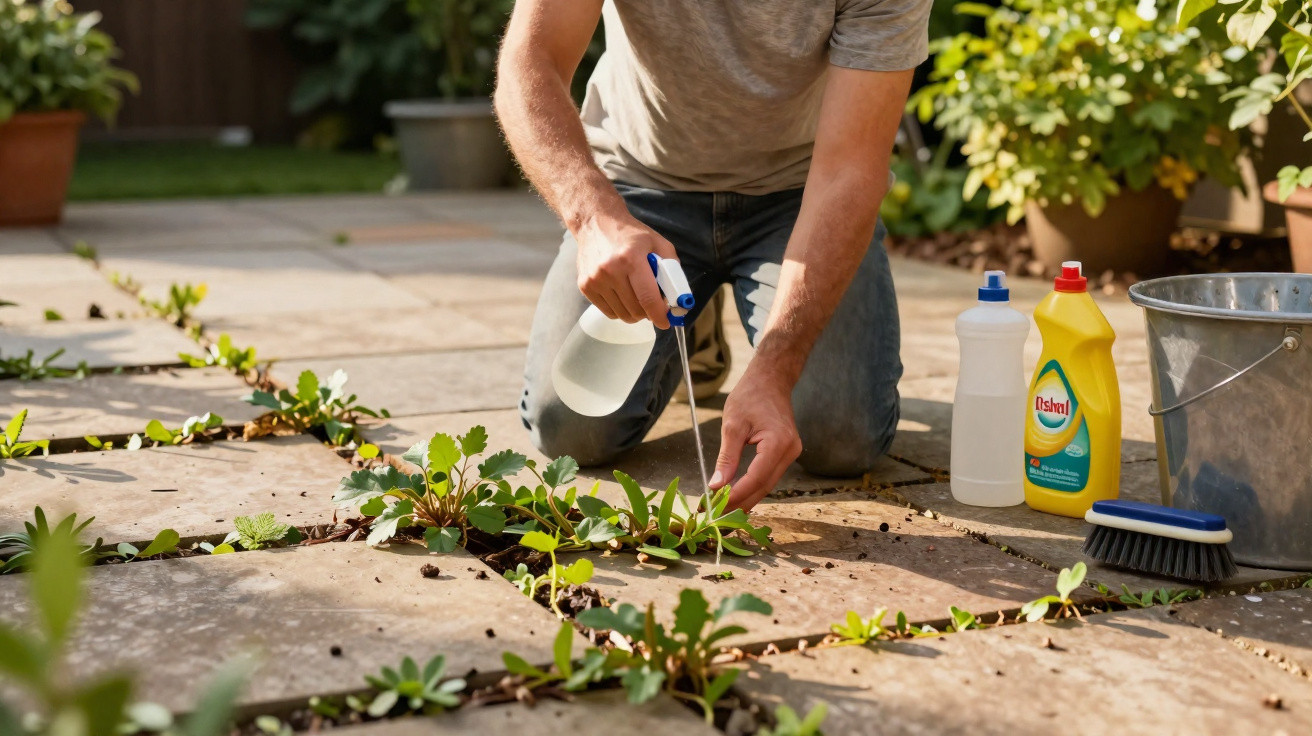 Pessoa a remover ervas daninhas entre os ladrilhos do jardim com pulverizador e utensílios de limpeza ao lado.