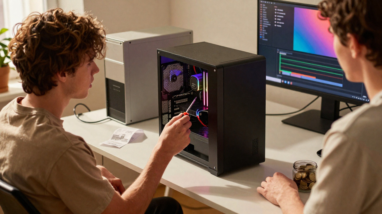 Dois jovens a montar e programar um computador numa mesa com monitor e componentes de hardware modernos.