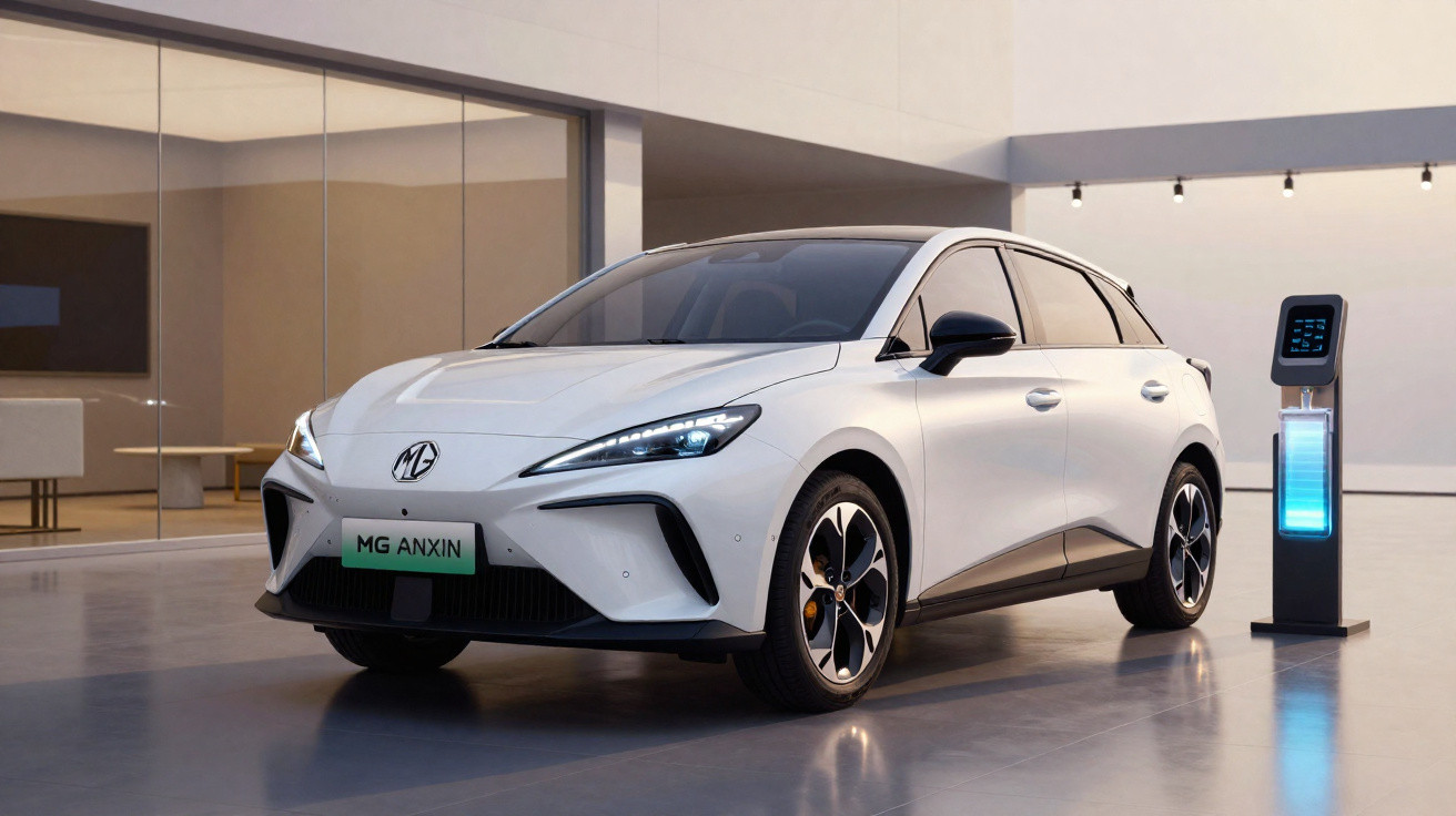 Carro elétrico branco MG Anxin estacionado ao lado de posto de carregamento num espaço interior moderno.