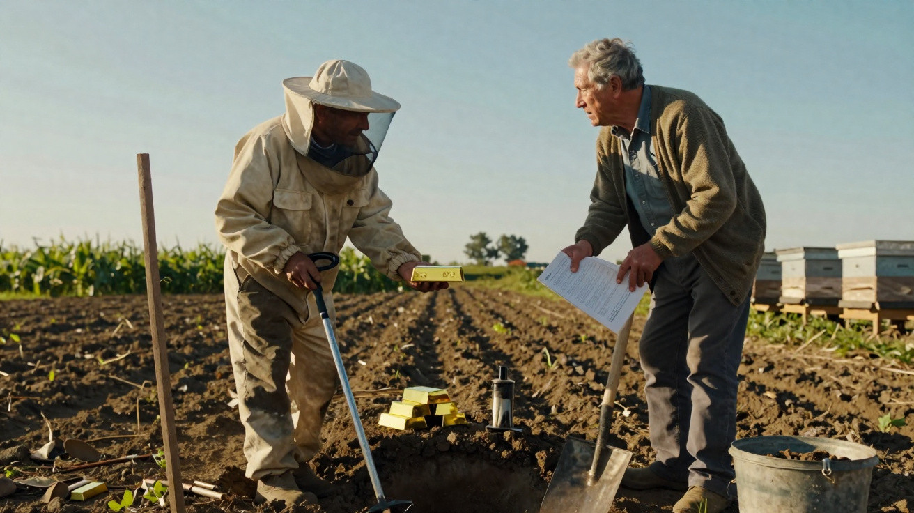 Dois homens trabalham na agricultura, um com fato de apicultor e outro com pá, ao ar livre numa horta.