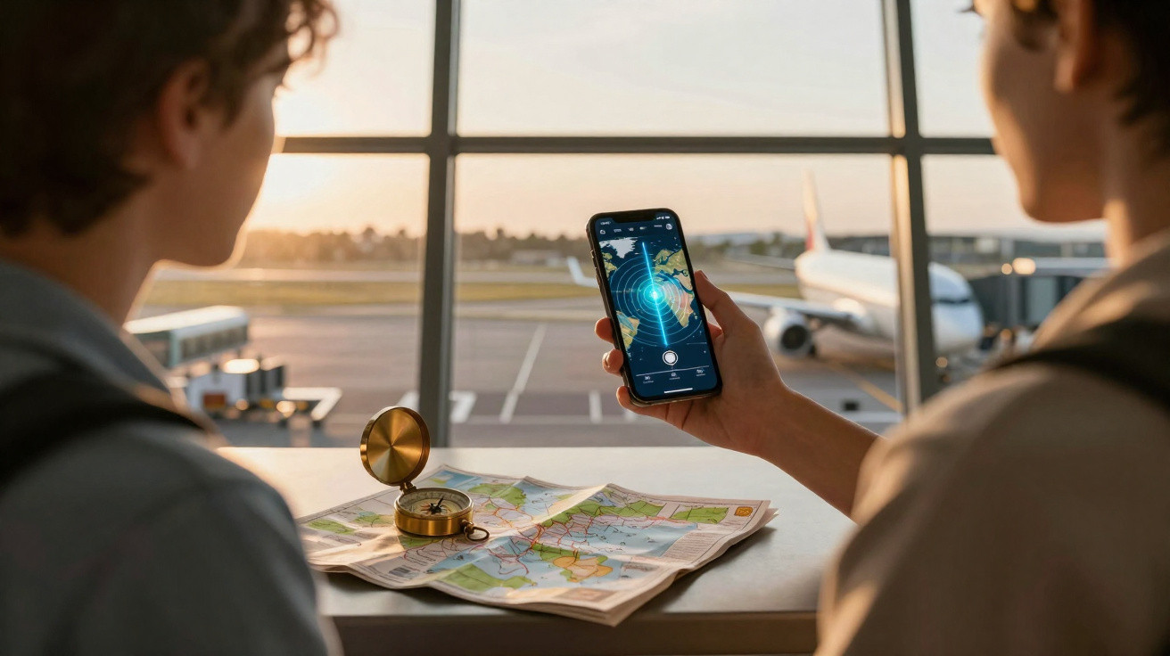 Duas pessoas no aeroporto planeiam viagem com mapa, bússola e telemóvel a mostrar mapa com localização.