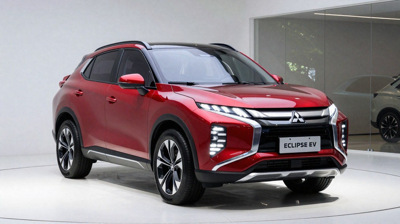 Carro elétrico Mitsubishi Eclipse EV vermelho estacionado em ambiente interior minimalista.