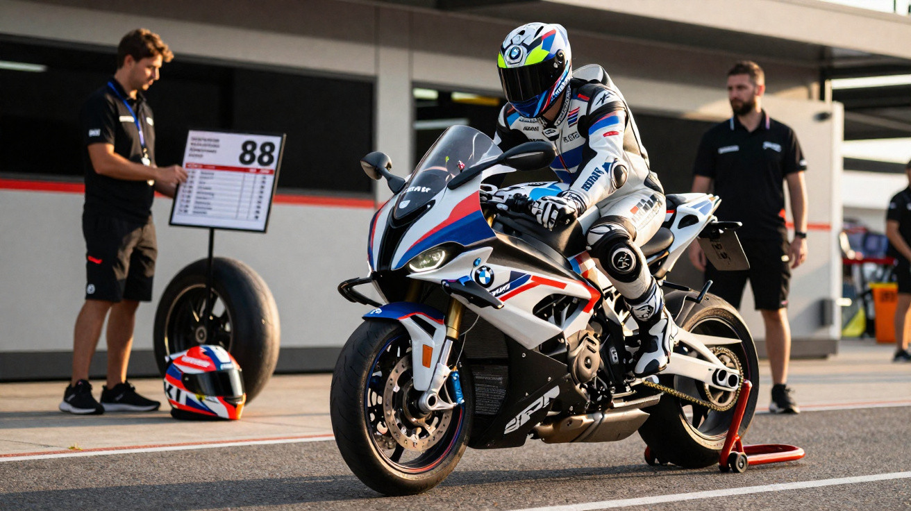 Piloto de moto de competição na linha de partida com equipa e capacete na pista de corrida.