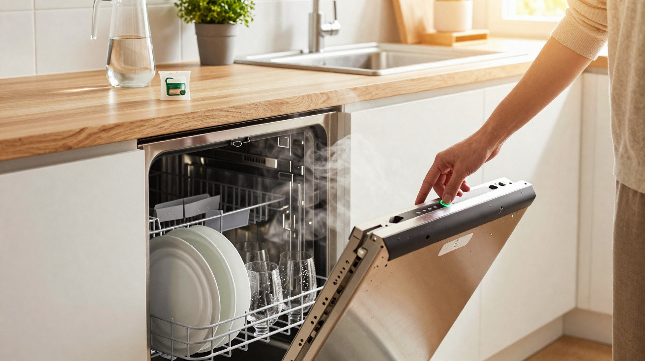 Máquina de lavar loiça aberta em cozinha moderna com pratos e copos a serem colocados.
