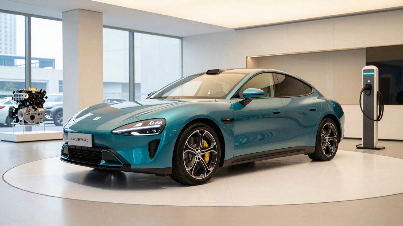 Carro elétrico azul exposto em showroom moderno com estação de carregamento ao fundo.