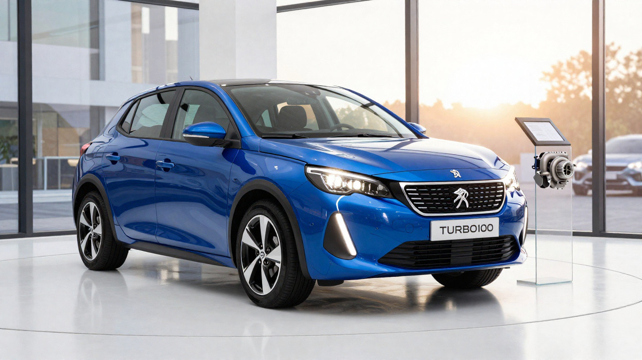 Carro azul Peugeot 208 TURBO100 exposto em espaço moderno com parede de vidro e maquete de motor ao lado.