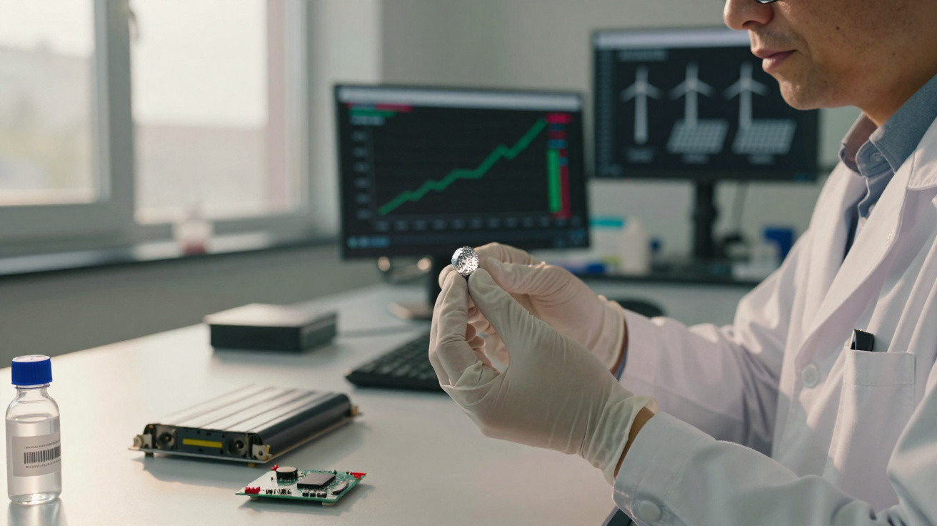 Cientista em laboratório a examinar componente eletrônico com gráficos de turbinas eólica no ecrã ao fundo.