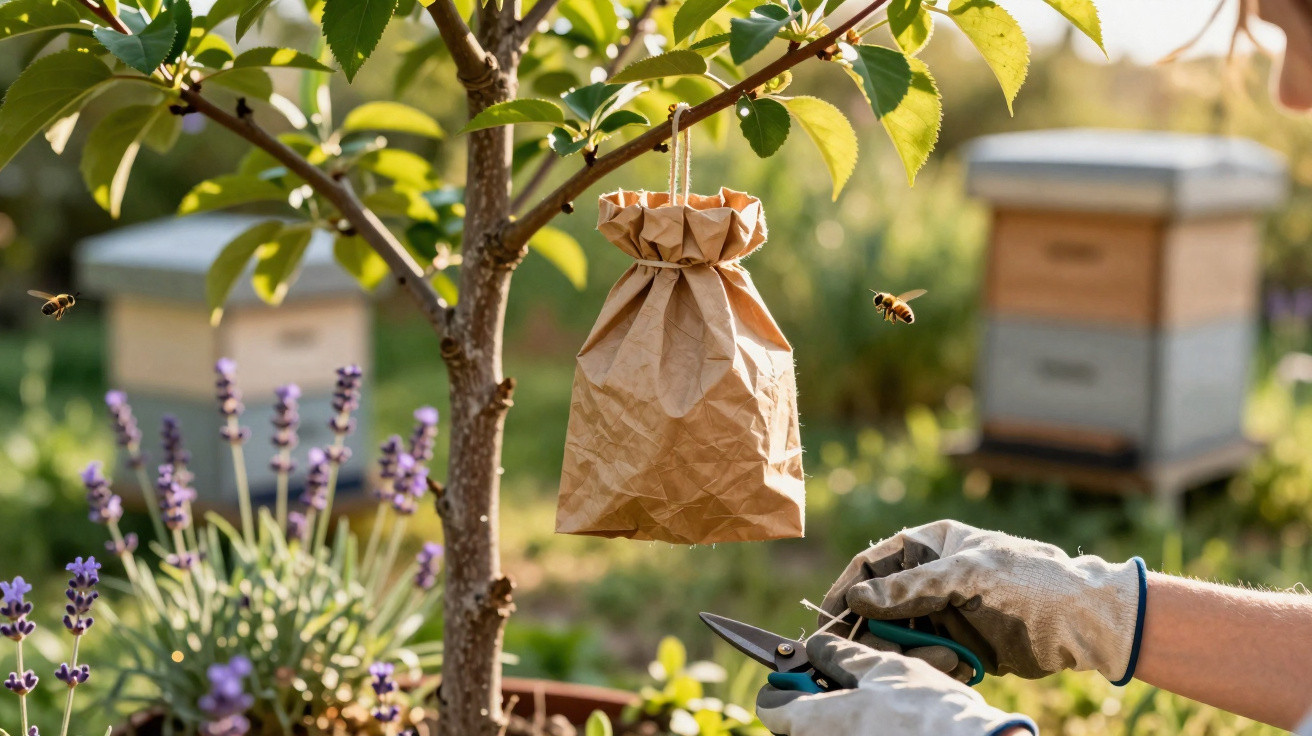 Mãos com luvas a podar planta com tesoura perto de saco de papel pendurado e abelhas, em jardim com colmeias.