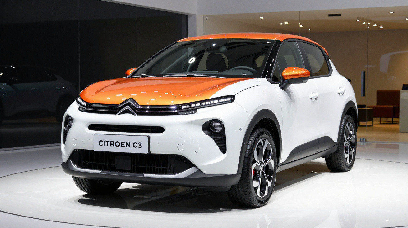 Carro Citroën C3 branco com teto e retrovisores laranja numa exposição automóvel interior.