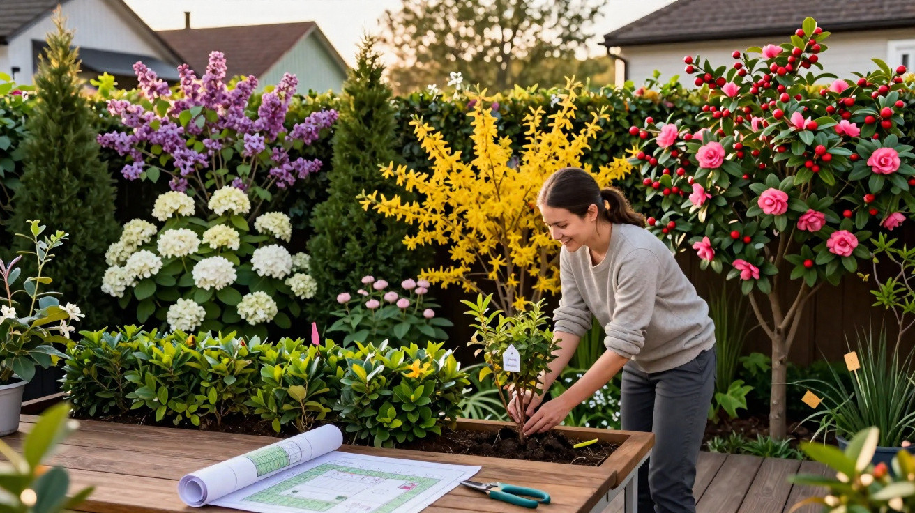 Mulher a plantar uma muda num jardim colorido com várias flores e plantas, ao ar livre, ao fim da tarde.