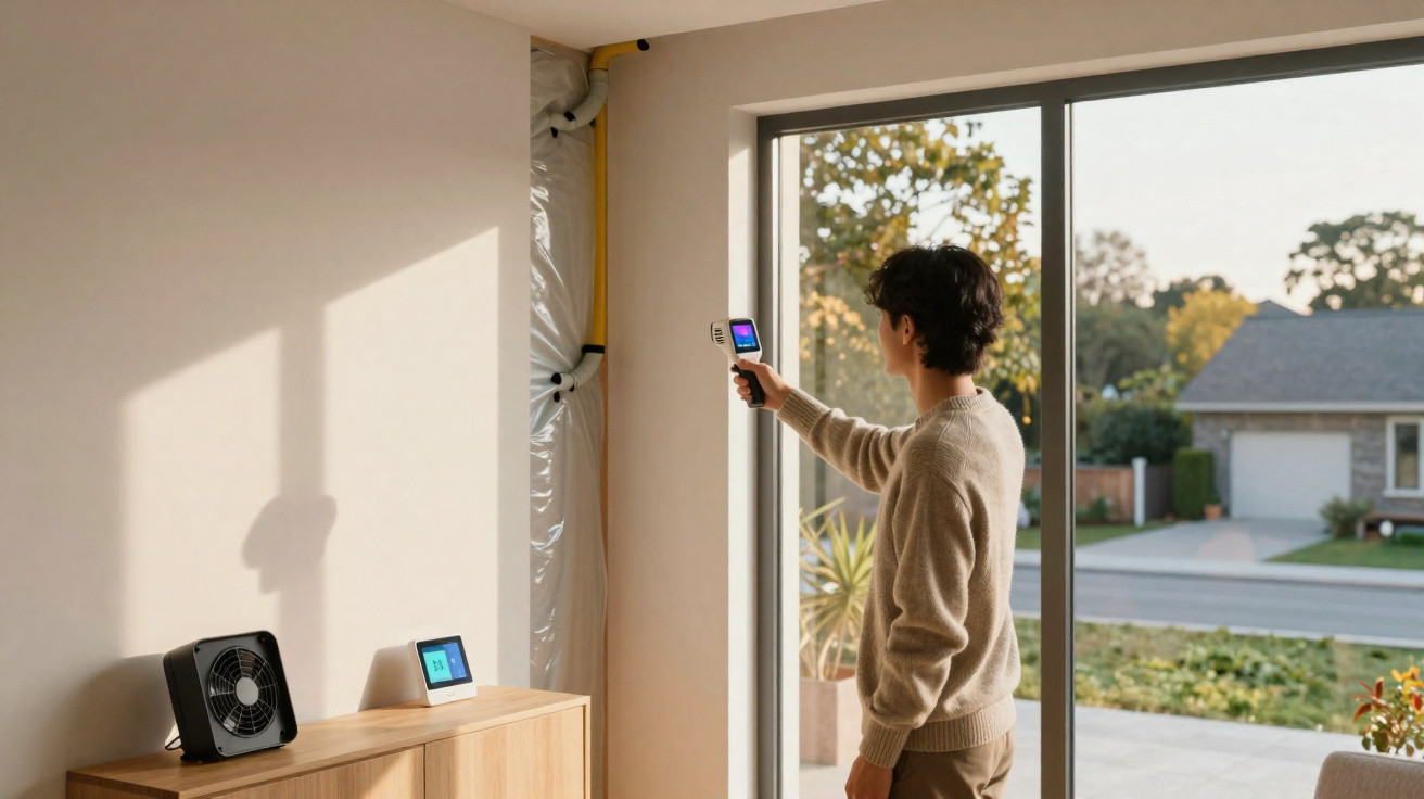 Pessoa a medir temperatura na parede com dispositivo digital junto a janela grande numa sala iluminada.
