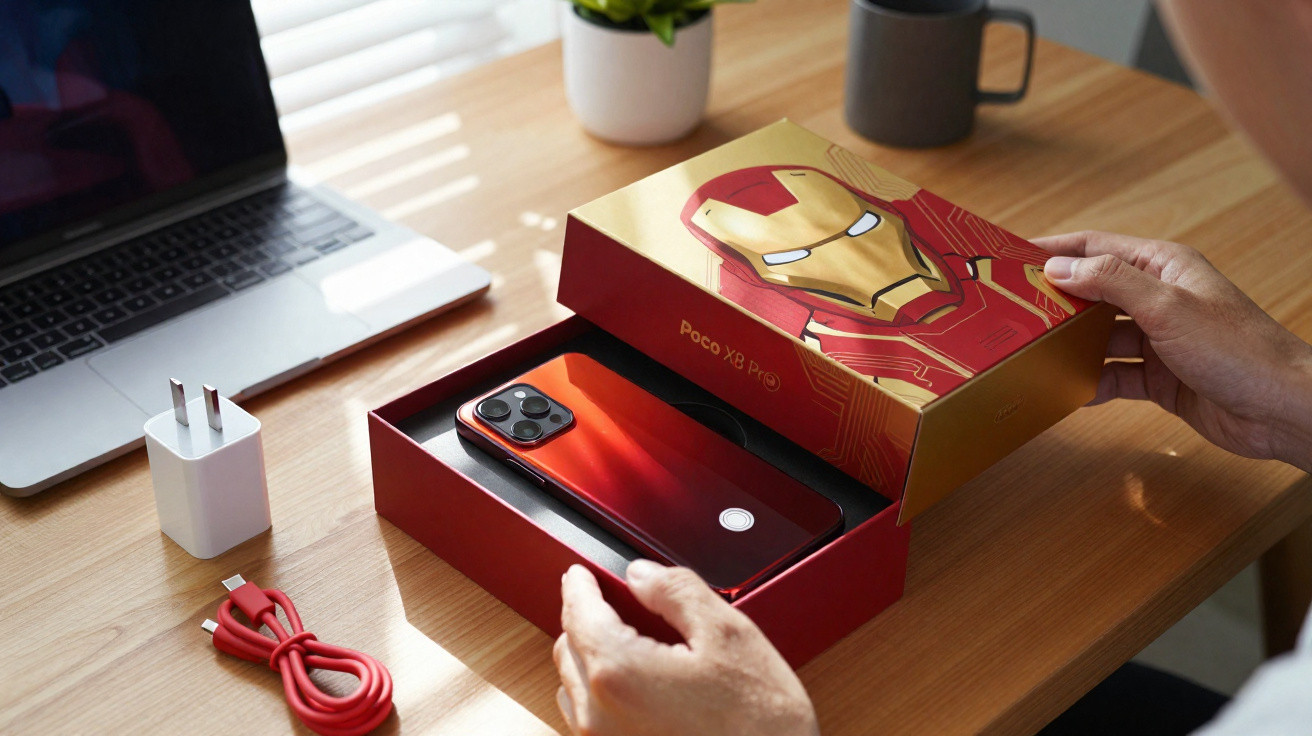 Pessoa a abrir caixa de smartphone Poco X3 Pro edição Iron Man numa mesa com laptops e acessórios.
